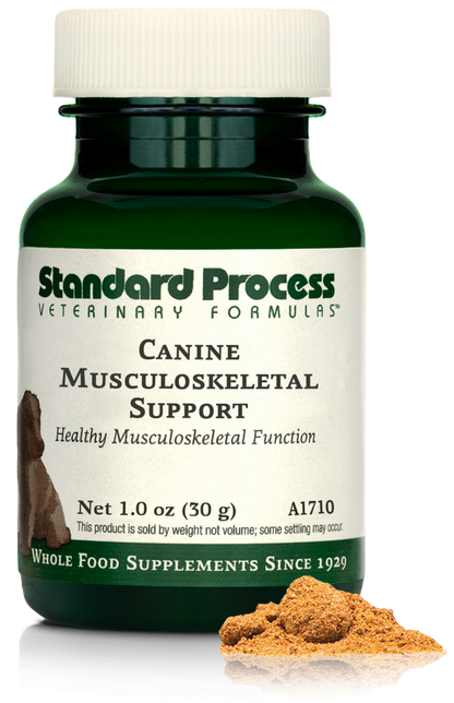 A bottle of Canine Musculoskeletal Support, a powder supplement for dogs’ muscles, ligaments and bone health, next to an image of the powder supplement.