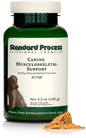 A bottle of Canine Musculoskeletal Support, a powder supplement for dogs’ muscles, ligaments and bone health, next to an image of the powder supplement.