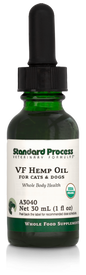 Image of a bottle of liquid VF Hemp Oil from Standard Process Veterinary Formulas next to a dropper that is included with the bottle.