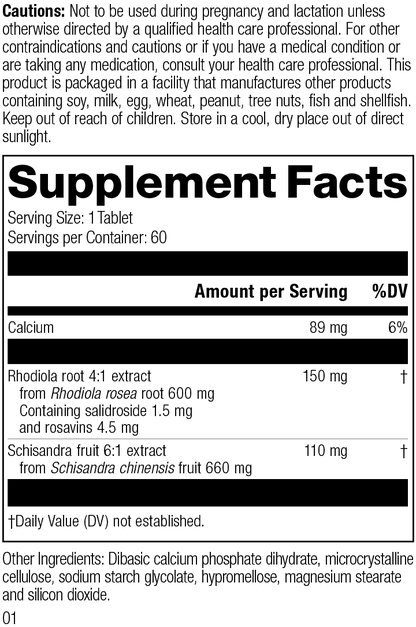 L1800 Rhodiola Schisandra R01 Supplement Facts Label