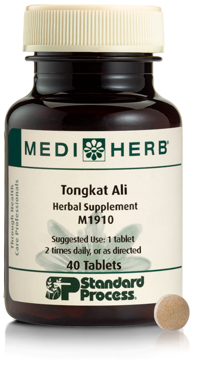 A bottle of MediHerb® Tongkat Ali, a testosterone support supplement for older men, next to a tablet of the supplement.