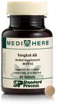 A bottle of MediHerb® Tongkat Ali, a testosterone support supplement for older men, next to a tablet of the supplement.